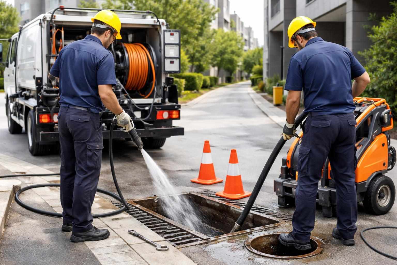示意圖：技術人員在台南建築外使用專業設備疏通排水管道